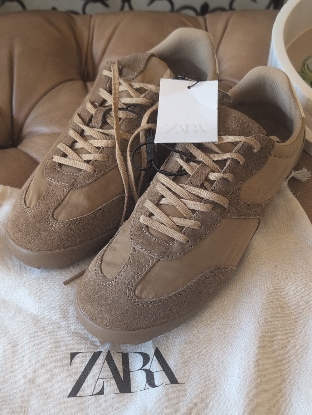 ZARA NWT Women's Retro Slim Low Profile Taupe Suede & Nylon Sneakers